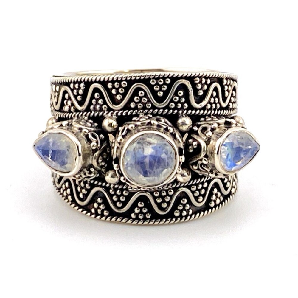 Vintage 1990s Blue Flash Moonstone Sterling Silver 3 Stone Cigar Band Ring Sz 7